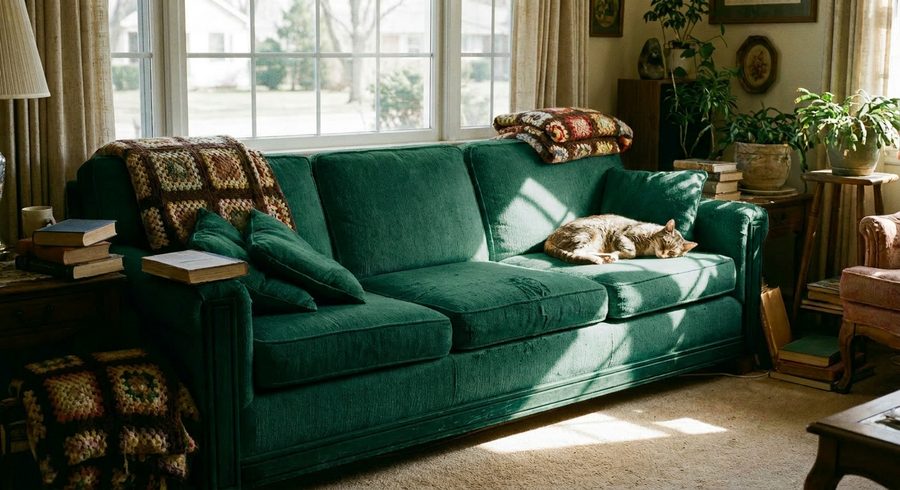 The same sofa reupholstered in emerald velvet