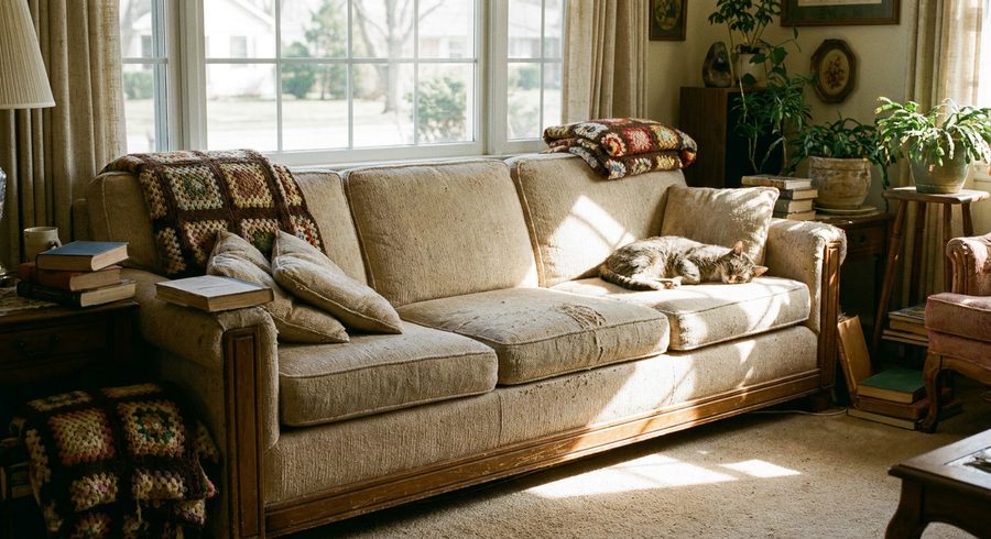 Worn beige sofa